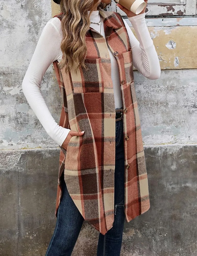 Mywinway Long Plaid Vest for Women 2025 Fall Winter Sleeveless Blazer Jackets Outerwear Trendy Tops