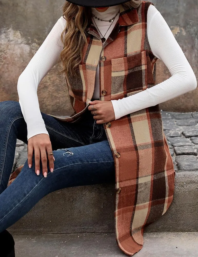 Mywinway Long Plaid Vest for Women 2025 Fall Winter Sleeveless Blazer Jackets Outerwear Trendy Tops