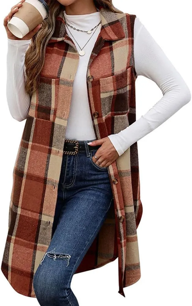 Mywinway Long Plaid Vest for Women 2025 Fall Winter Sleeveless Blazer Jackets Outerwear Trendy Tops