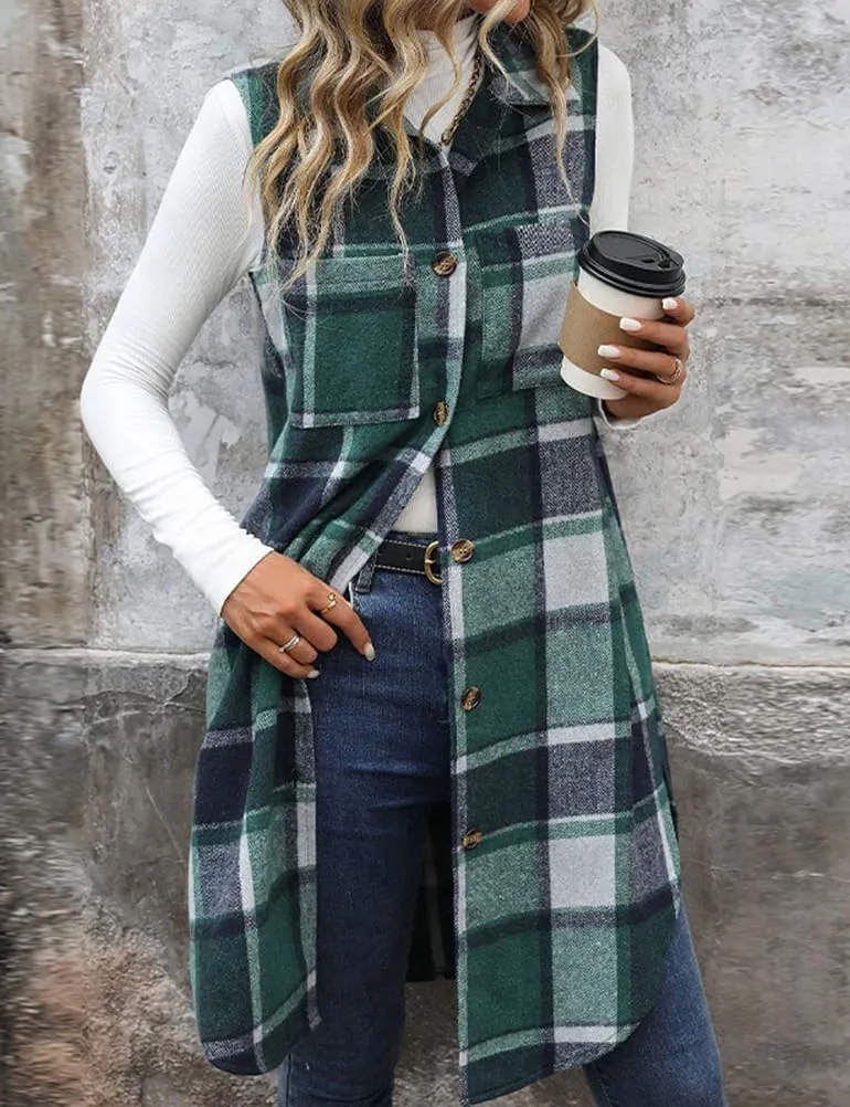 Mywinway Long Plaid Vest for Women 2025 Fall Winter Sleeveless Blazer Jackets Outerwear Trendy Tops