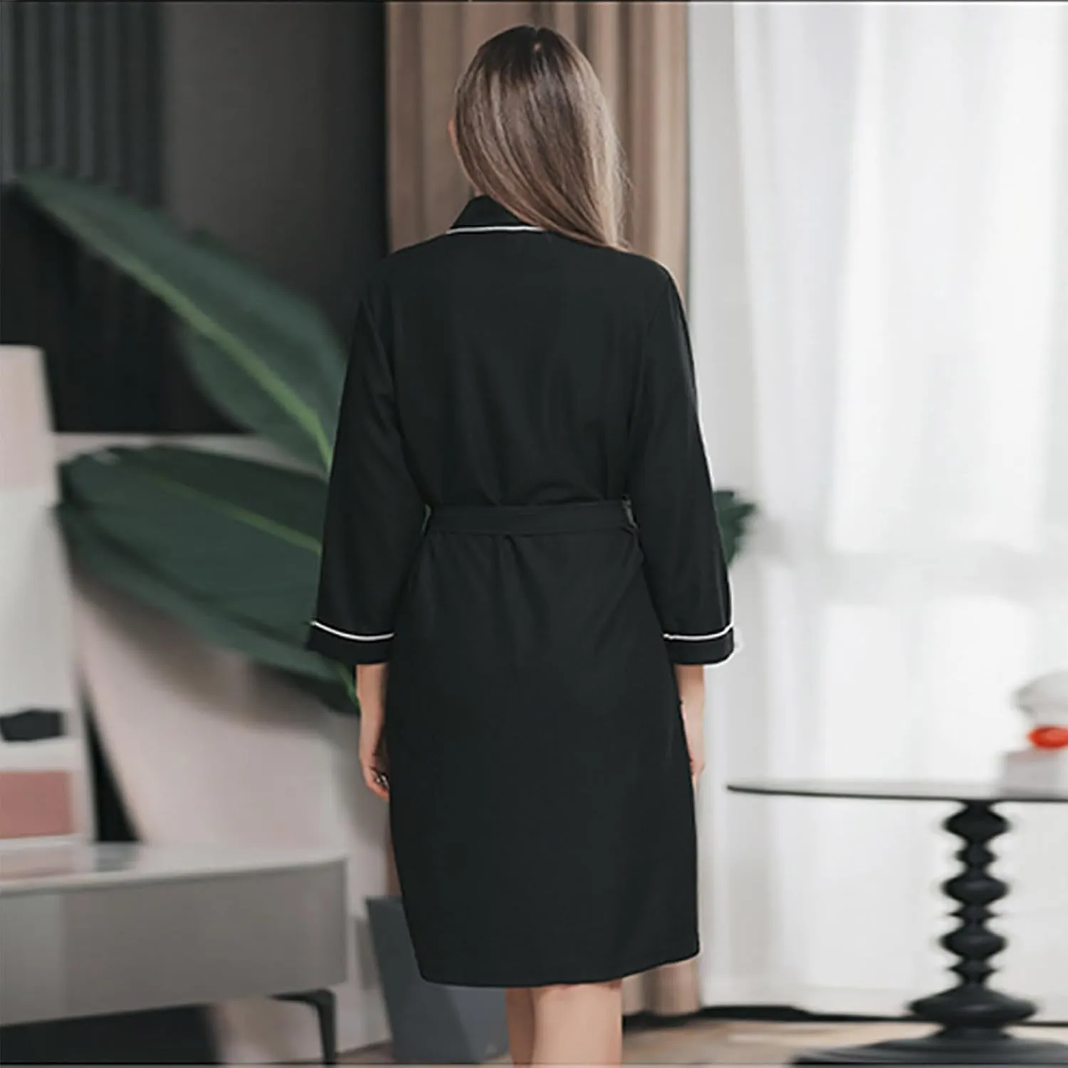 Mzkdieey Women Kimono Robes Knee Length Bathrobe Long Sleeve V Neck Lightweight Sleepwear Casual Short Loungewear with Pocket
