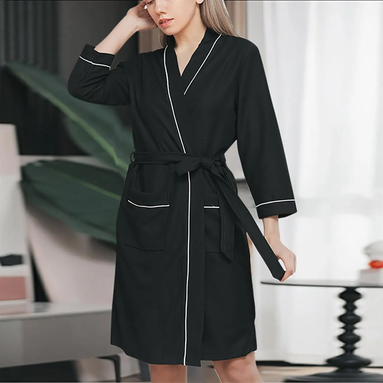 Mzkdieey Women Kimono Robes Knee Length Bathrobe Long Sleeve V Neck Lightweight Sleepwear Casual Short Loungewear with Pocket