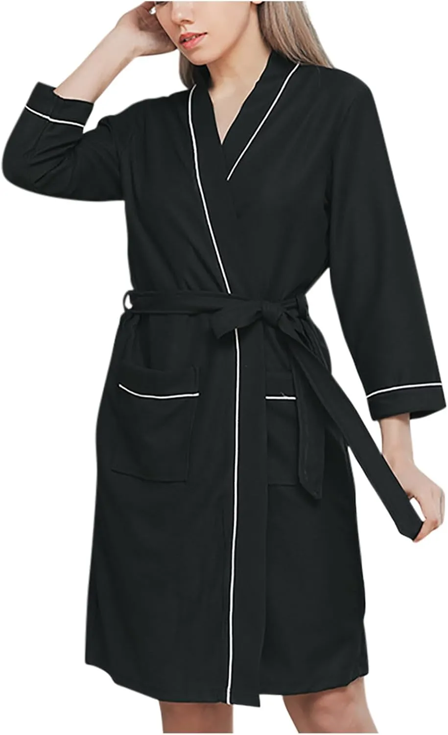 Mzkdieey Women Kimono Robes Knee Length Bathrobe Long Sleeve V Neck Lightweight Sleepwear Casual Short Loungewear with Pocket