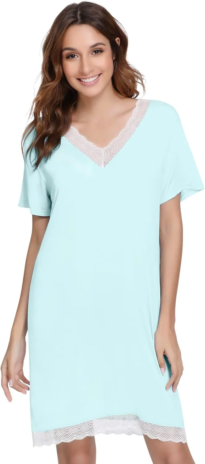 NACHILA Women's Short Sleeve Nightgown Soft -Viscose Made from Bamboo, Sleep Shirts Lightweight Sleep Dress