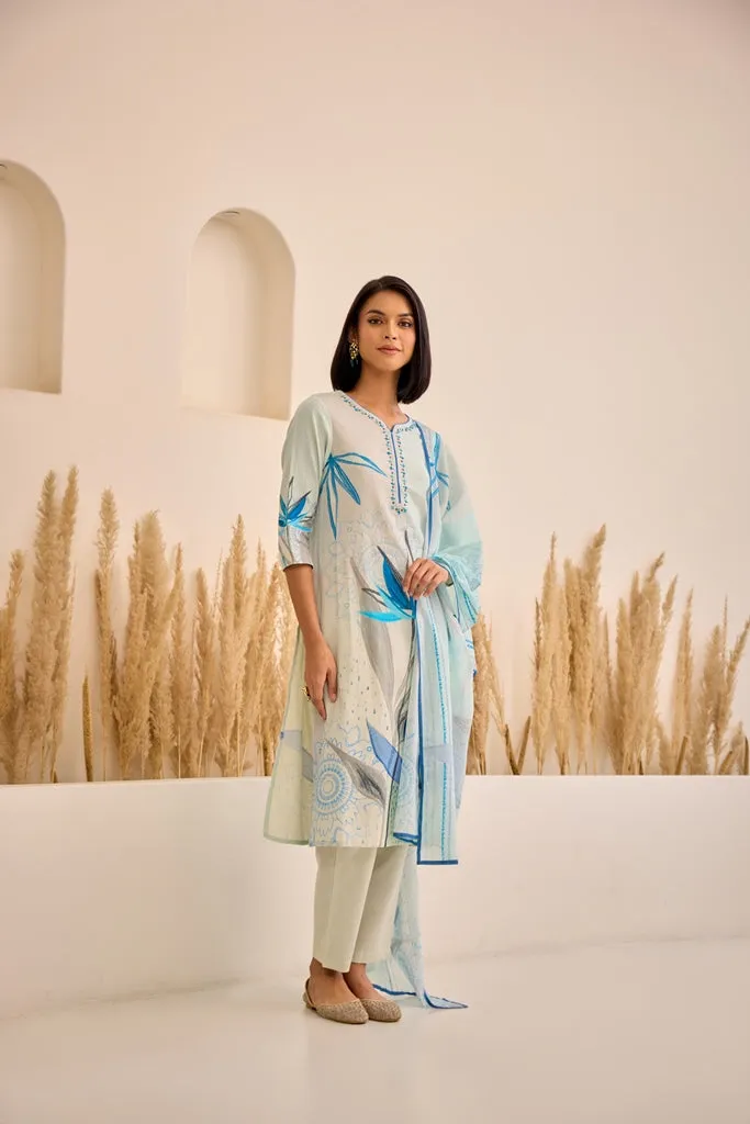 Neerus Blue Straight Floral Kurta And Trousers With Dupatta