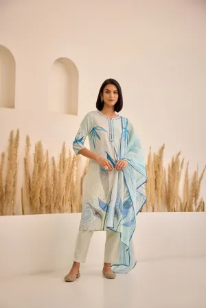 Neerus Blue Straight Floral Kurta And Trousers With Dupatta