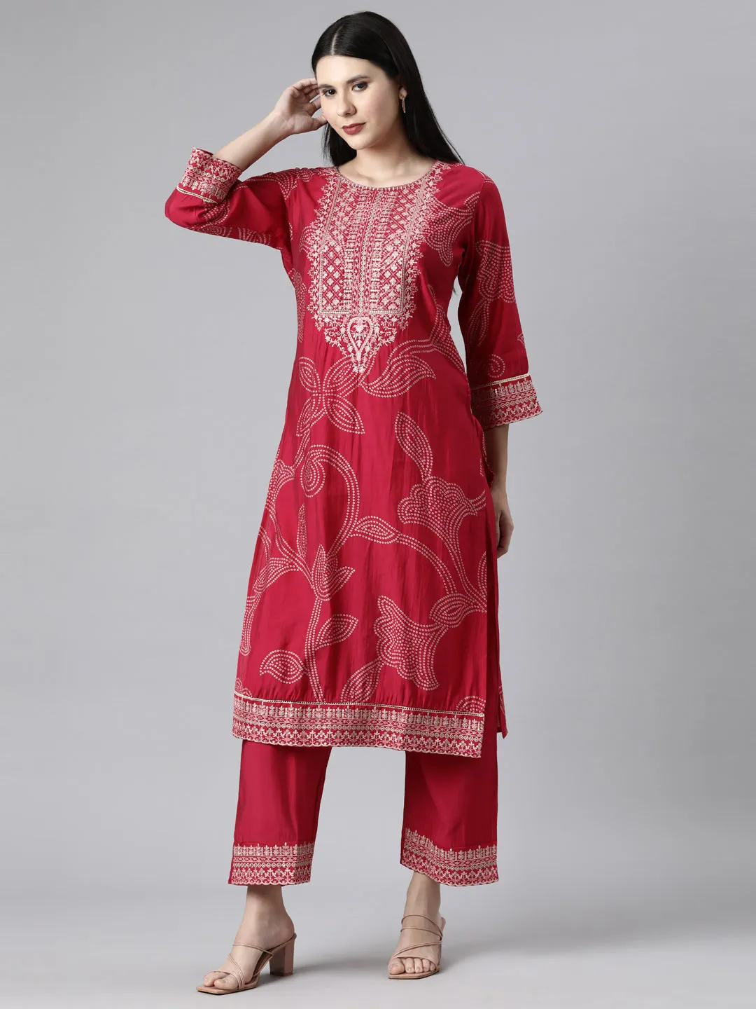 Neerus Pink Casual Bandhani Straight Kurta and Trousers With Dupatta