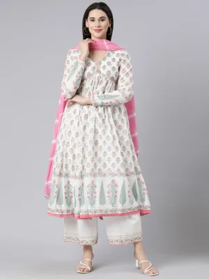 Neerus Pink Panelled Printed Kurta And Palazzos With Dupatta