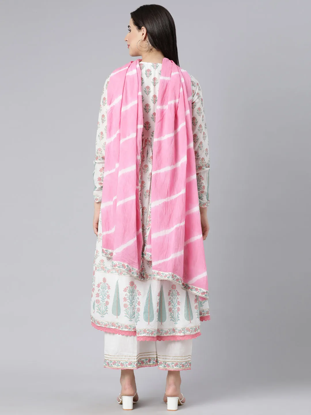Neerus Pink Panelled Printed Kurta And Palazzos With Dupatta
