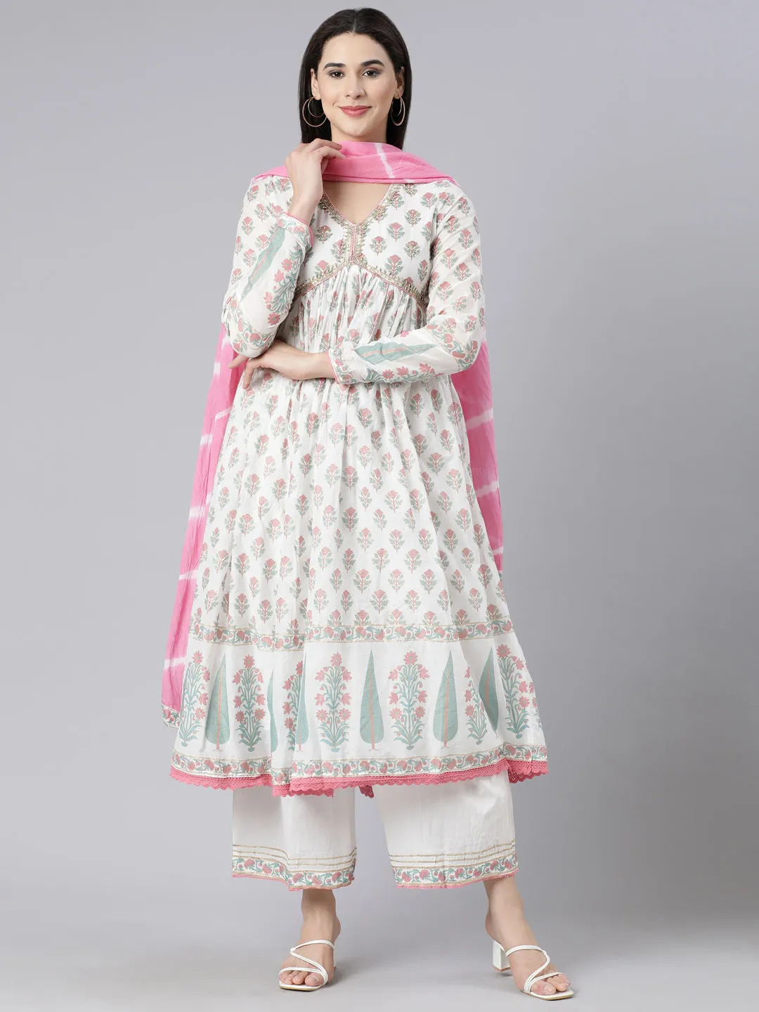 Neerus Pink Panelled Printed Kurta And Palazzos With Dupatta