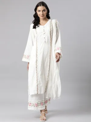 Neerus White Panelled Straight Yoke Design Kurta And Palazzos With Dupatta