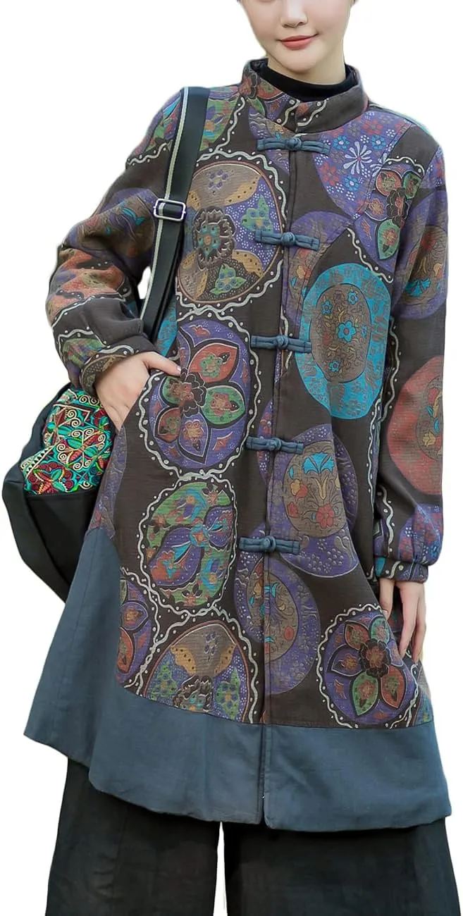 NFYM Women Winter Trench Coat Long Overcoat Printed Windbreaker Vintage Chinese Fleece Lined Warm Jacket