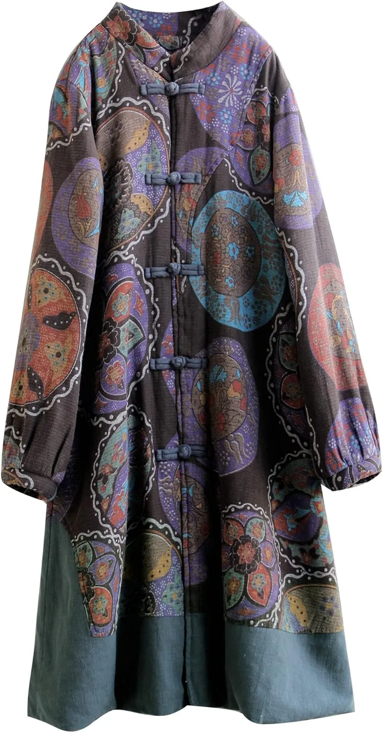 NFYM Women Winter Trench Coat Long Overcoat Printed Windbreaker Vintage Chinese Fleece Lined Warm Jacket