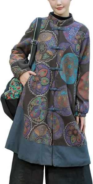 NFYM Women Winter Trench Coat Long Overcoat Printed Windbreaker Vintage Chinese Fleece Lined Warm Jacket