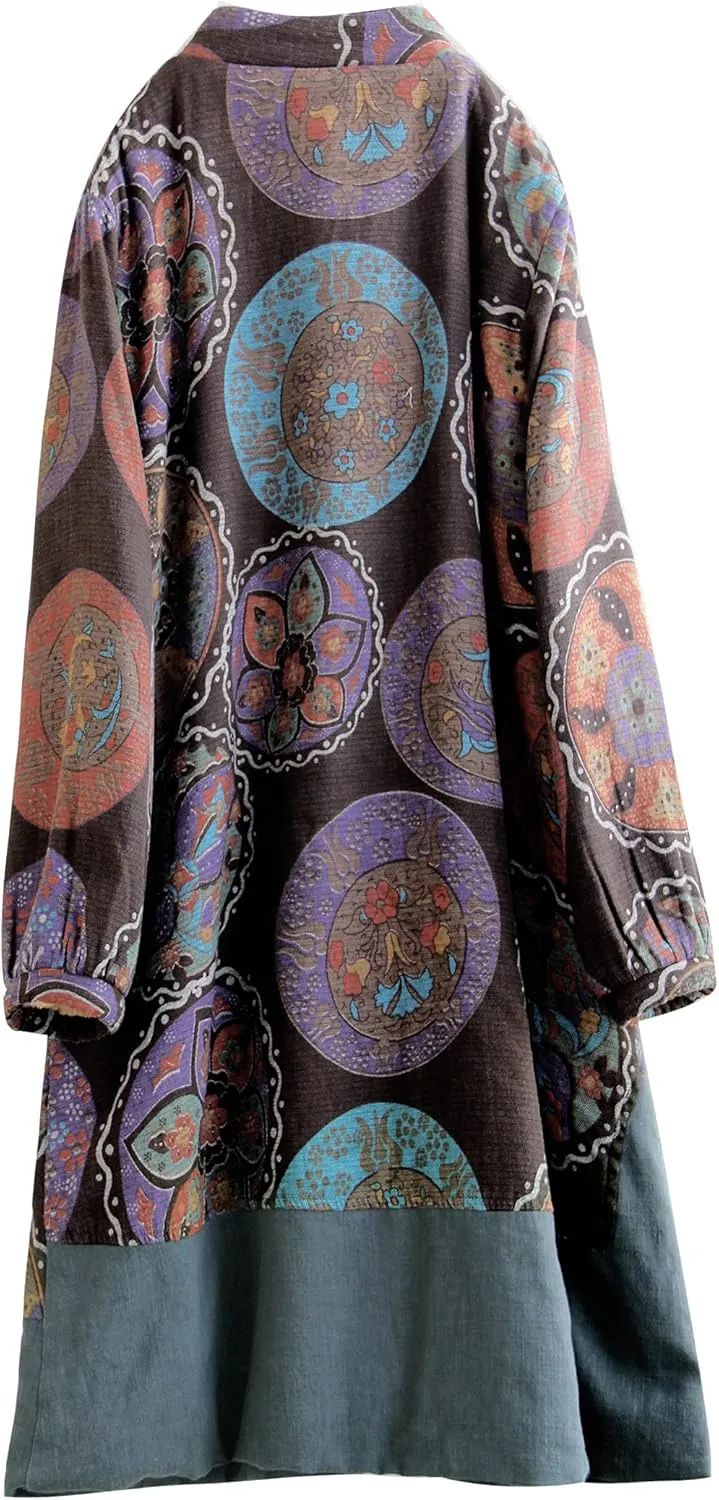 NFYM Women Winter Trench Coat Long Overcoat Printed Windbreaker Vintage Chinese Fleece Lined Warm Jacket
