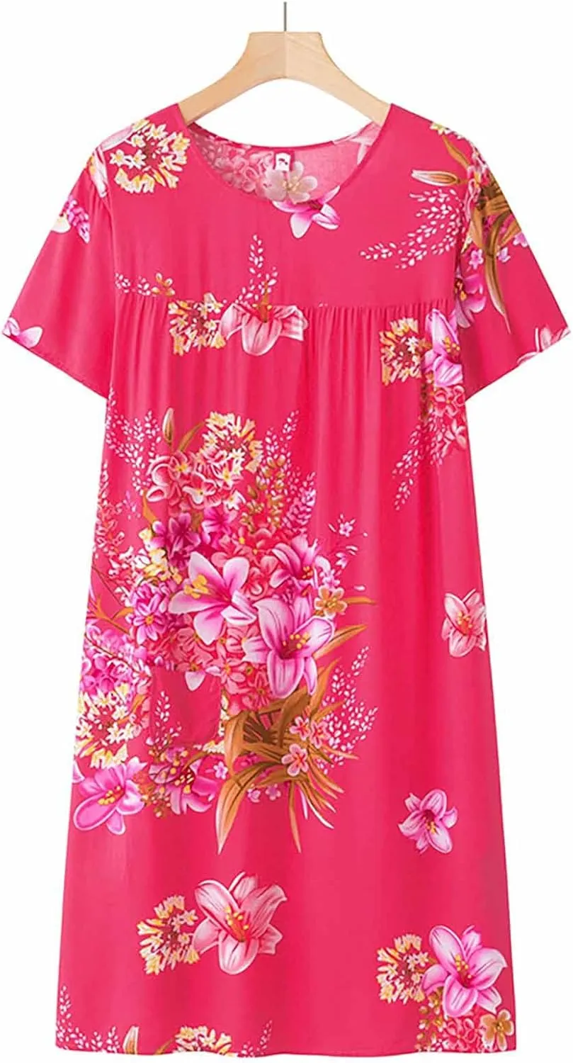 Nightgowns for Women Cotton Silk Short Sleeve Sleep Dress for the Elderly Comfy Loose Fit Pajamas with Small Pocket