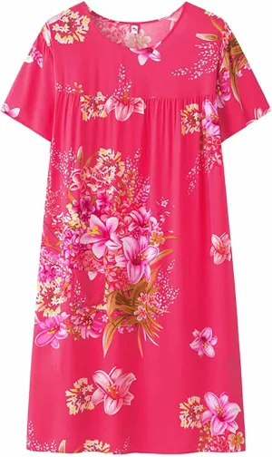 Nightgowns for Women Cotton Silk Short Sleeve Sleep Dress for the Elderly Comfy Loose Fit Pajamas with Small Pocket