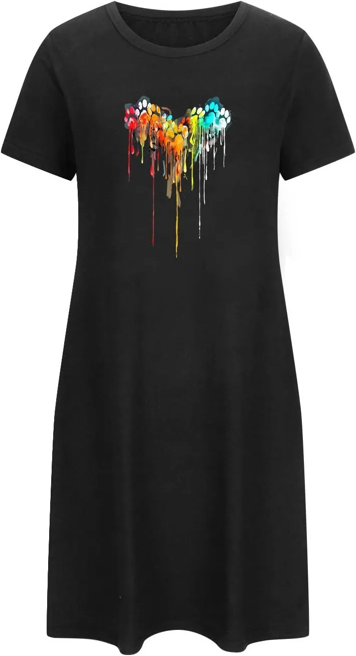 Nightgowns for Women Soft Round Neck Short Sleeve Sleep Tee Pullover Footprint Night Shirts Dog Lover Sleep Shirts