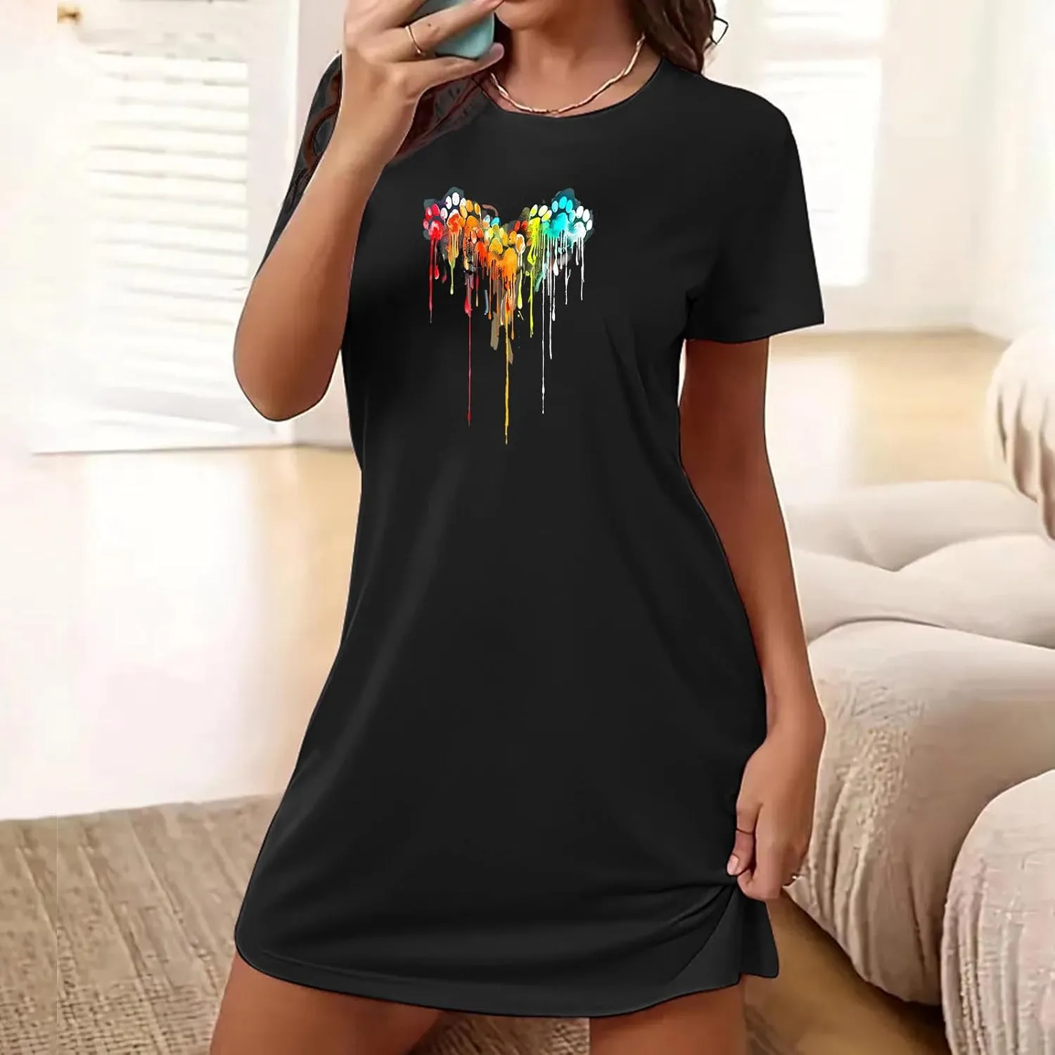 Nightgowns for Women Soft Round Neck Short Sleeve Sleep Tee Pullover Footprint Night Shirts Dog Lover Sleep Shirts