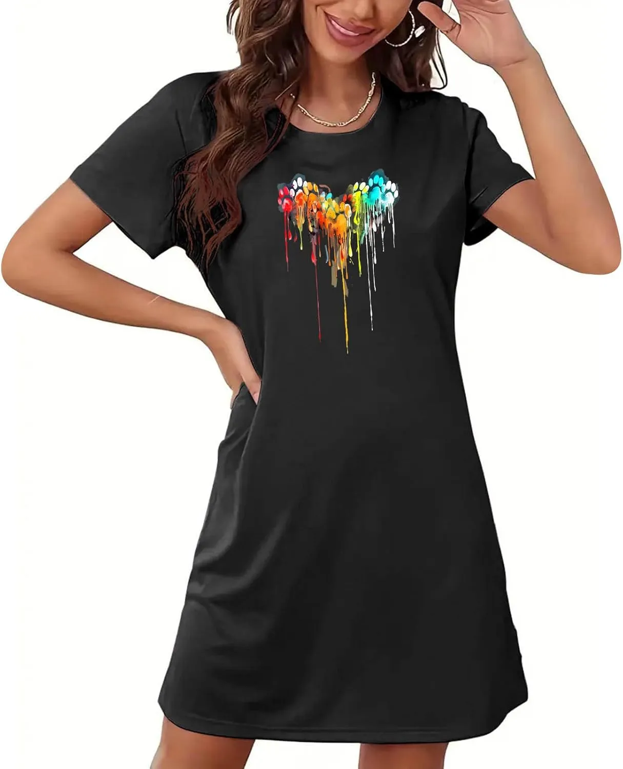 Nightgowns for Women Soft Round Neck Short Sleeve Sleep Tee Pullover Footprint Night Shirts Dog Lover Sleep Shirts