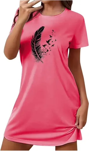 Nightgowns for Womens Short Sleeve Graphic Sleep Tees Pullover Night Shirts Sleep Shirt Soft Feather T Shirt Dresses