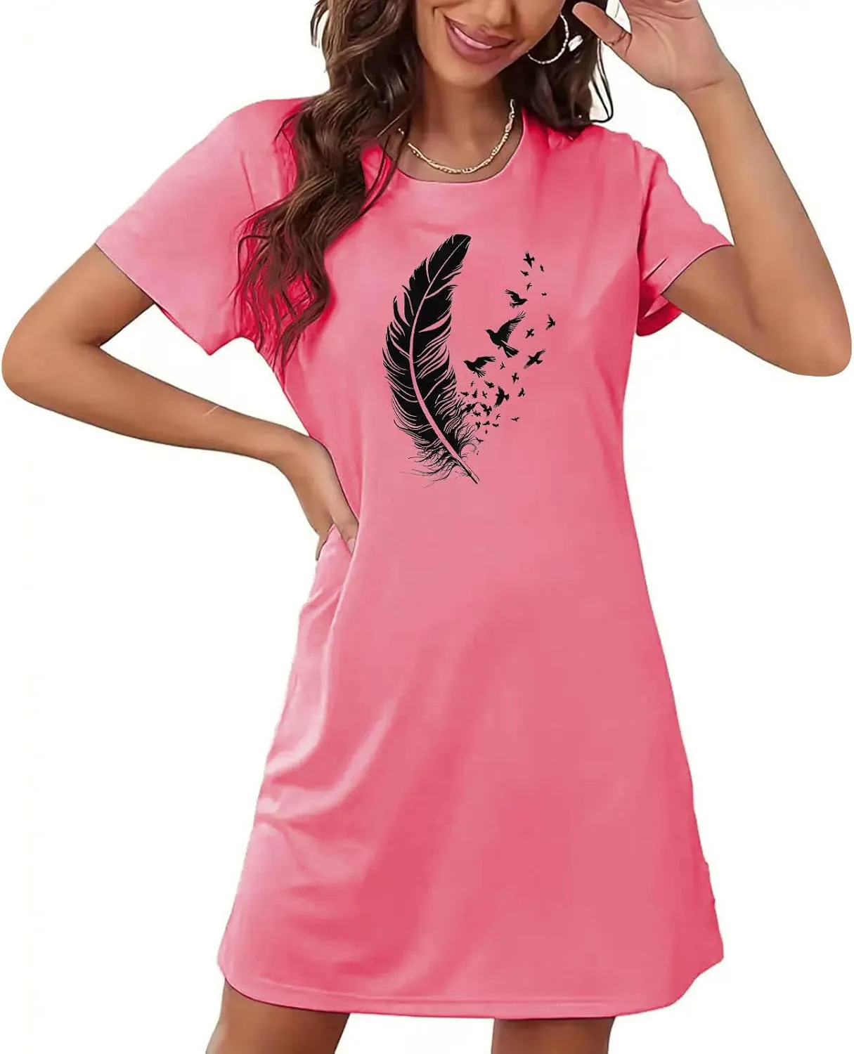 Nightgowns for Womens Short Sleeve Graphic Sleep Tees Pullover Night Shirts Sleep Shirt Soft Feather T Shirt Dresses
