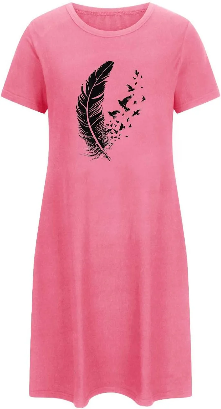 Nightgowns for Womens Short Sleeve Graphic Sleep Tees Pullover Night Shirts Sleep Shirt Soft Feather T Shirt Dresses