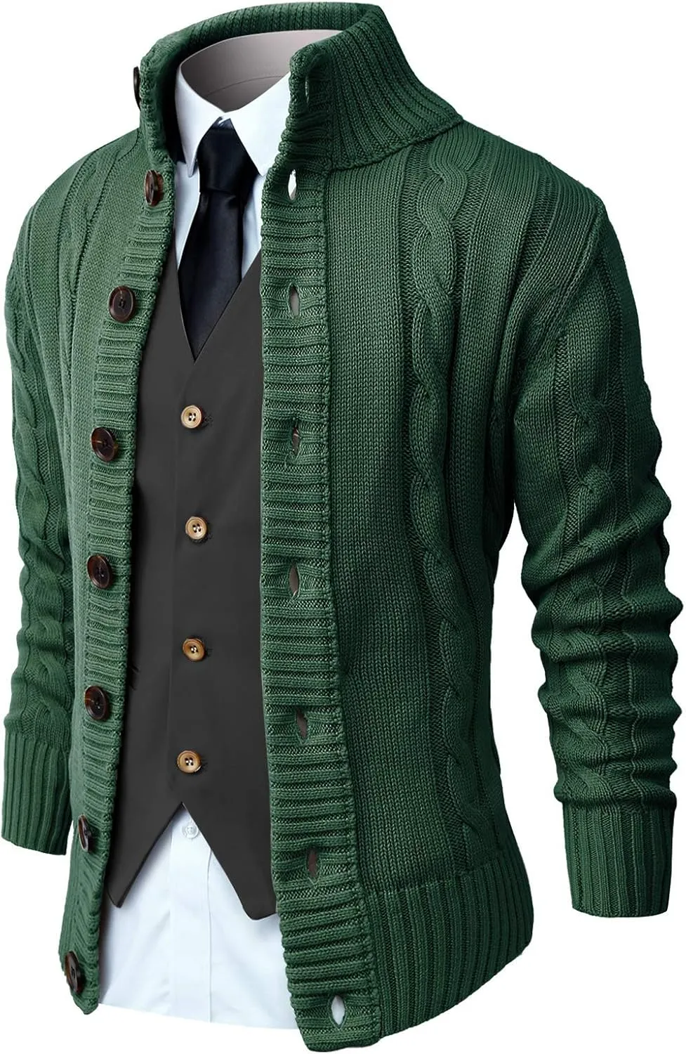 NITAGUT Mens Long Sleeve Stand Collar Cardigan Sweaters Button Down Cable Knitted Sweater