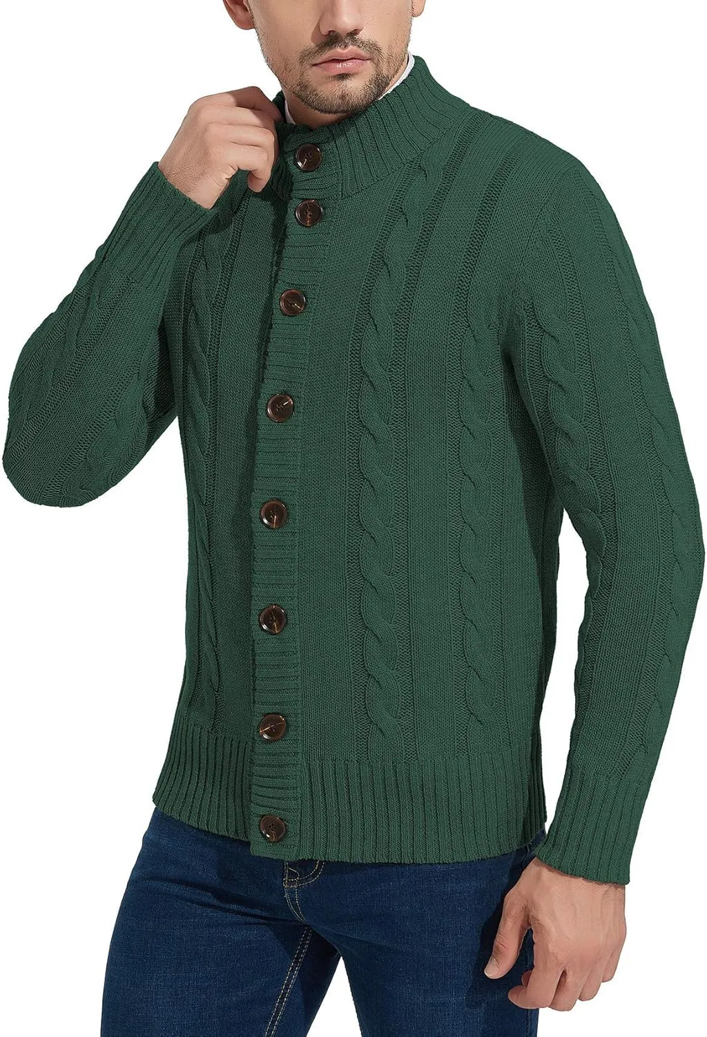 NITAGUT Mens Long Sleeve Stand Collar Cardigan Sweaters Button Down Cable Knitted Sweater