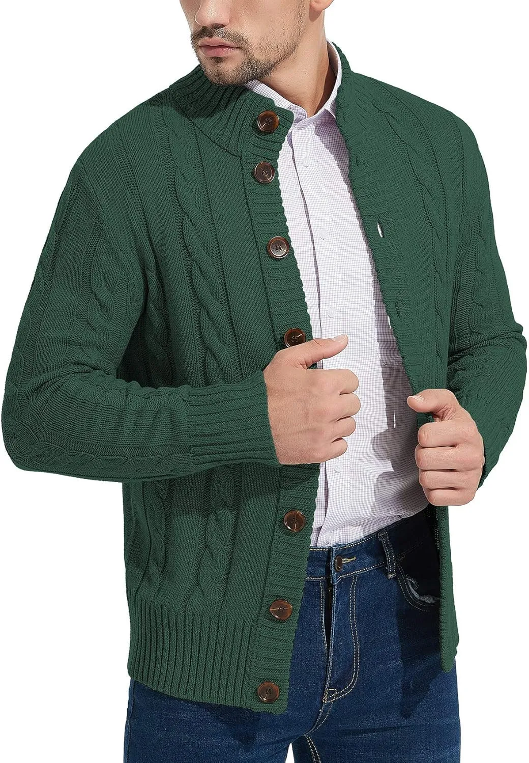 NITAGUT Mens Long Sleeve Stand Collar Cardigan Sweaters Button Down Cable Knitted Sweater