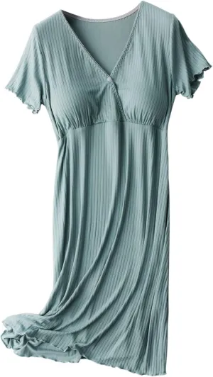 Nursing Nightgowns for Women Breastfeeding Sleepwear Comfy Short Sleeve V Neck Ribbed Pajamas Dress with Built in Bra