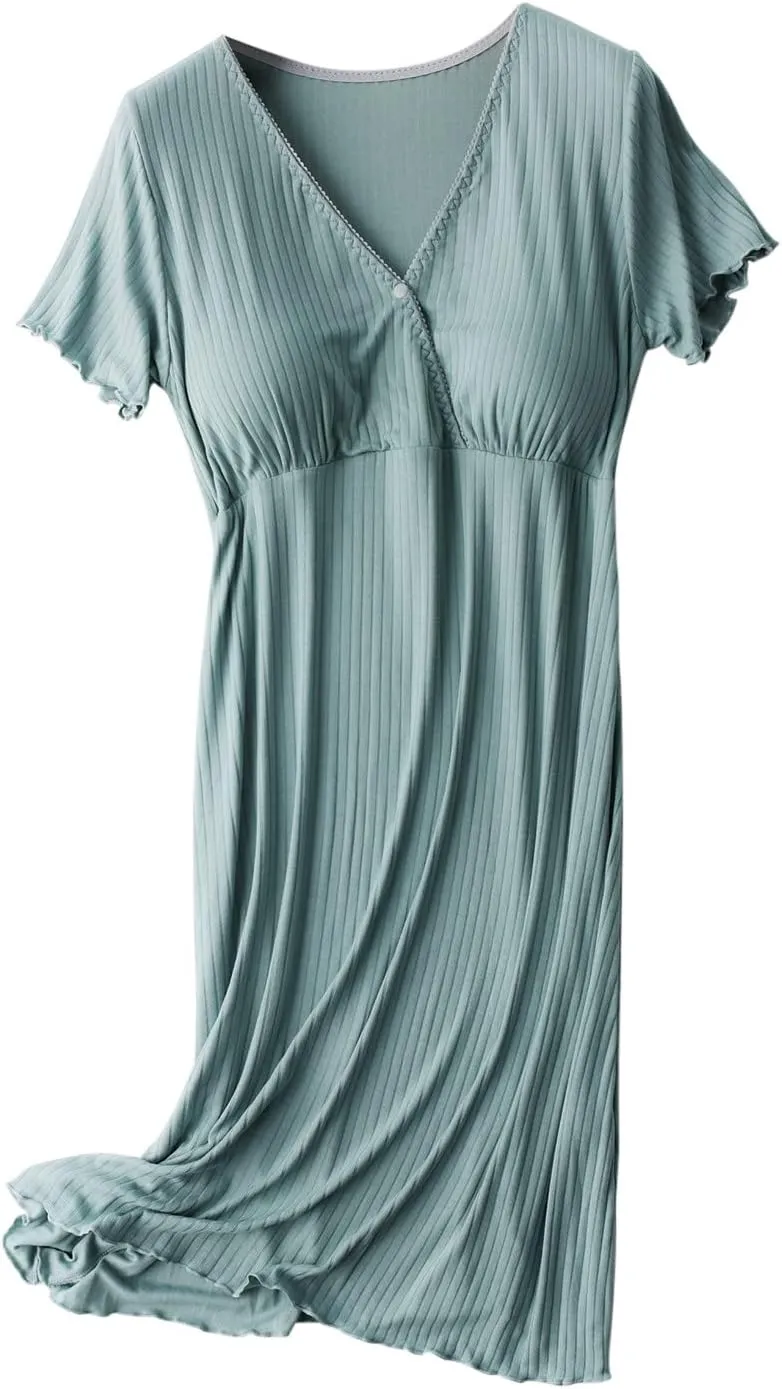 Nursing Nightgowns for Women Breastfeeding Sleepwear Comfy Short Sleeve V Neck Ribbed Pajamas Dress with Built in Bra