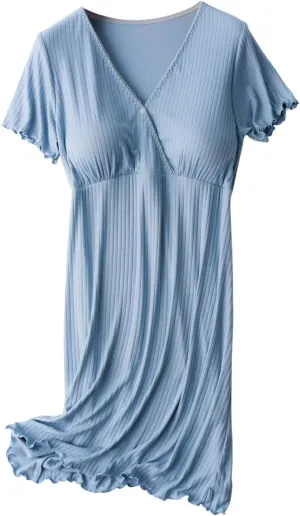 Nursing Nightgowns for Women Breastfeeding Sleepwear Comfy Short Sleeve V Neck Ribbed Pajamas Dress with Built in Bra