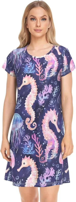 ODAWA Watercolor Pastel Seahorses Ladies Sleepwear Nightgowns Sleep Dress for Women Sleep t Shirt Women M