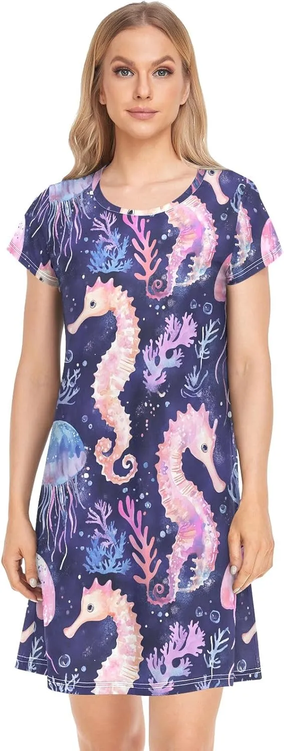 ODAWA Watercolor Pastel Seahorses Ladies Sleepwear Nightgowns Sleep Dress for Women Sleep t Shirt Women M