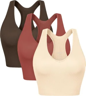 ODODOS 3-Pack Seamless Racerback Crop Tank for Women Ribbed Knit Soft Crop Tops