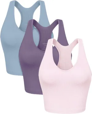 ODODOS 3-Pack Seamless Racerback Crop Tank for Women Ribbed Knit Soft Crop Tops