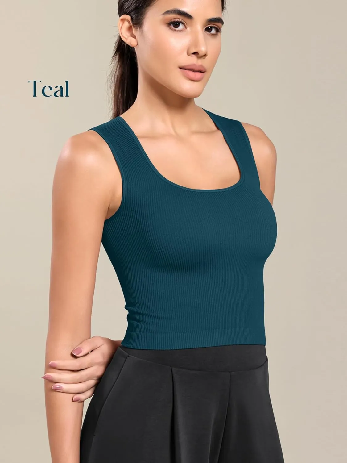 ODODOS Seamless Square Neck Tank for Women Ribbed Soft Sleeveless Longline Crop Tops