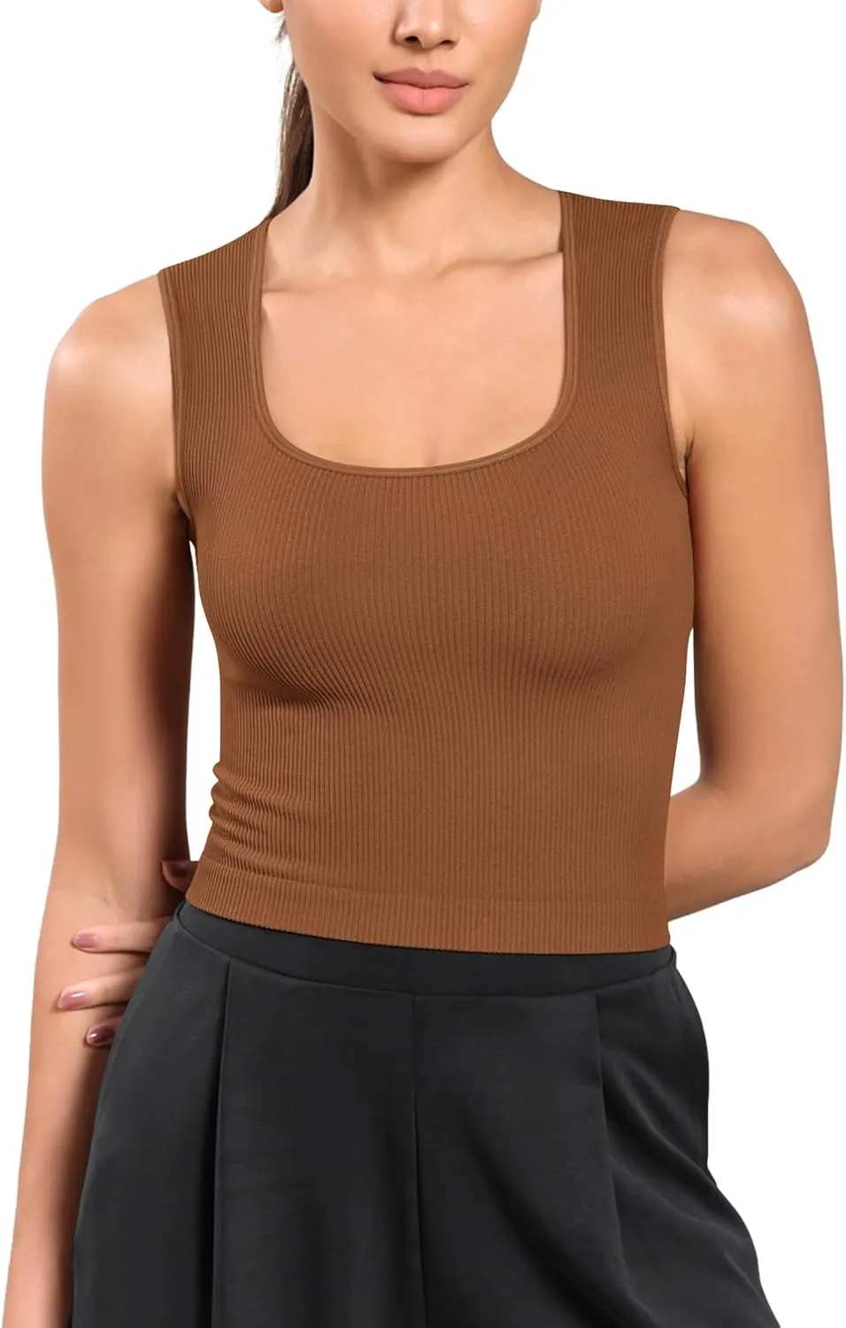 ODODOS Seamless Square Neck Tank for Women Ribbed Soft Sleeveless Longline Crop Tops