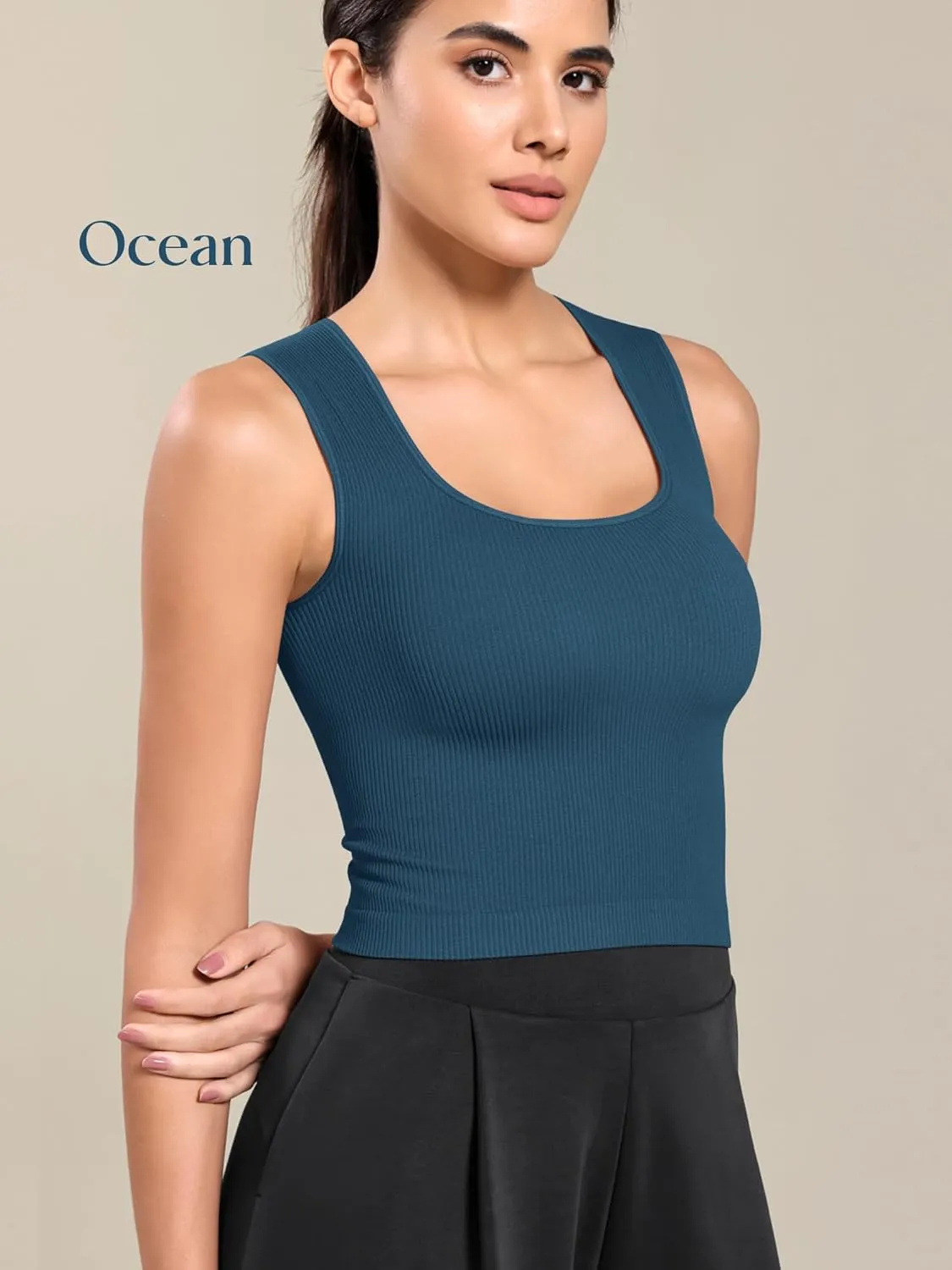 ODODOS Seamless Square Neck Tank for Women Ribbed Soft Sleeveless Longline Crop Tops
