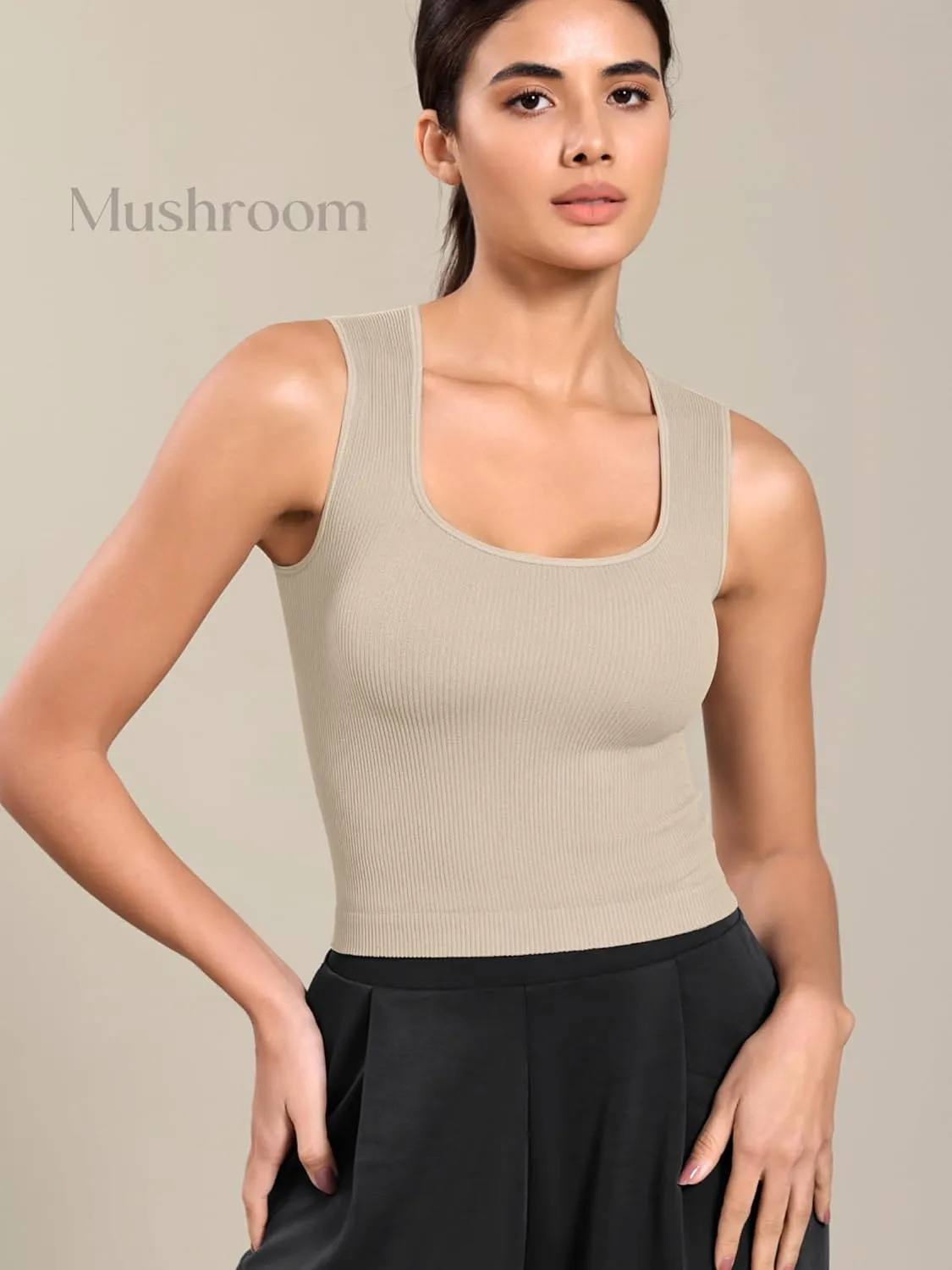ODODOS Seamless Square Neck Tank for Women Ribbed Soft Sleeveless Longline Crop Tops