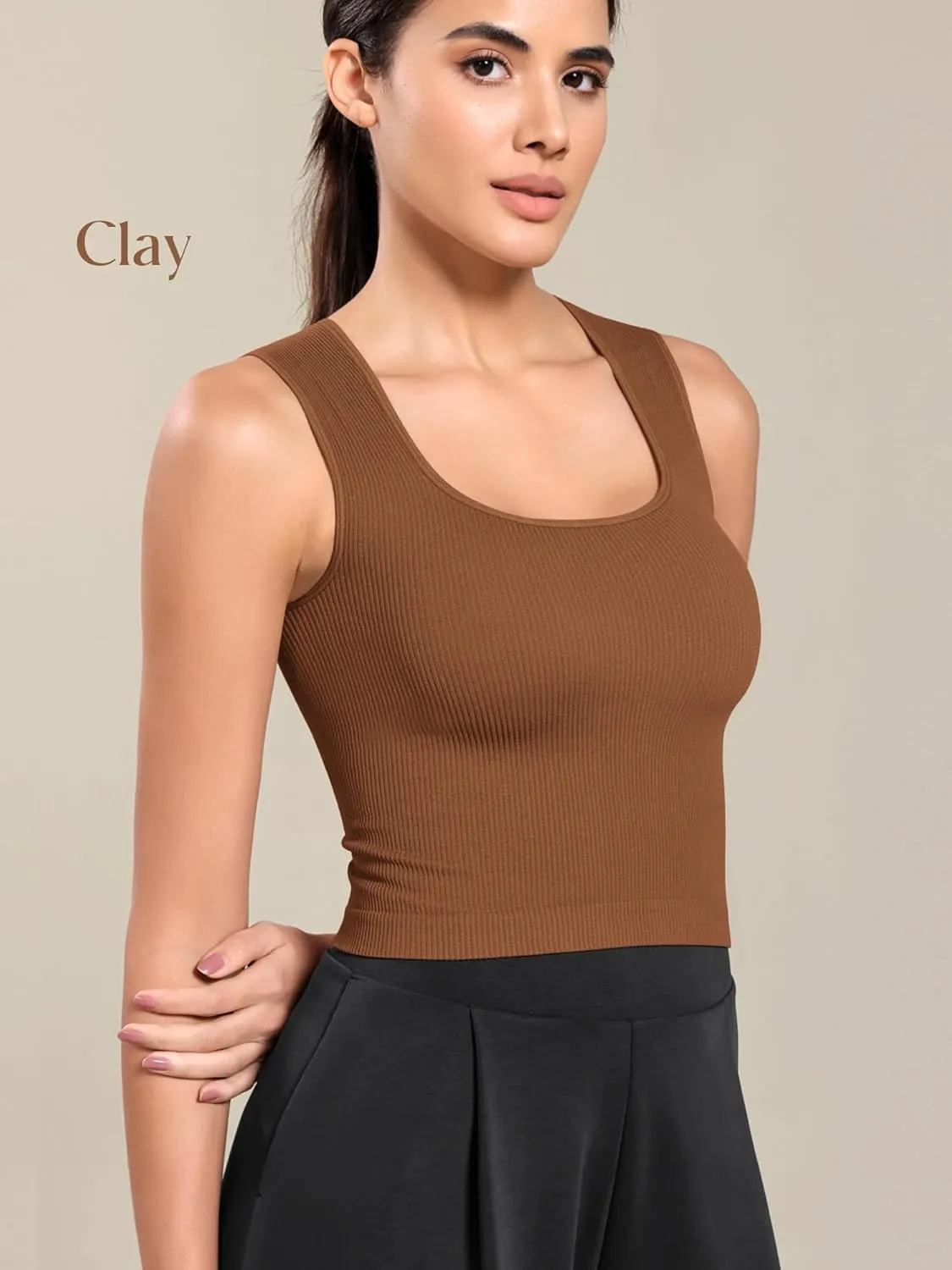 ODODOS Seamless Square Neck Tank for Women Ribbed Soft Sleeveless Longline Crop Tops