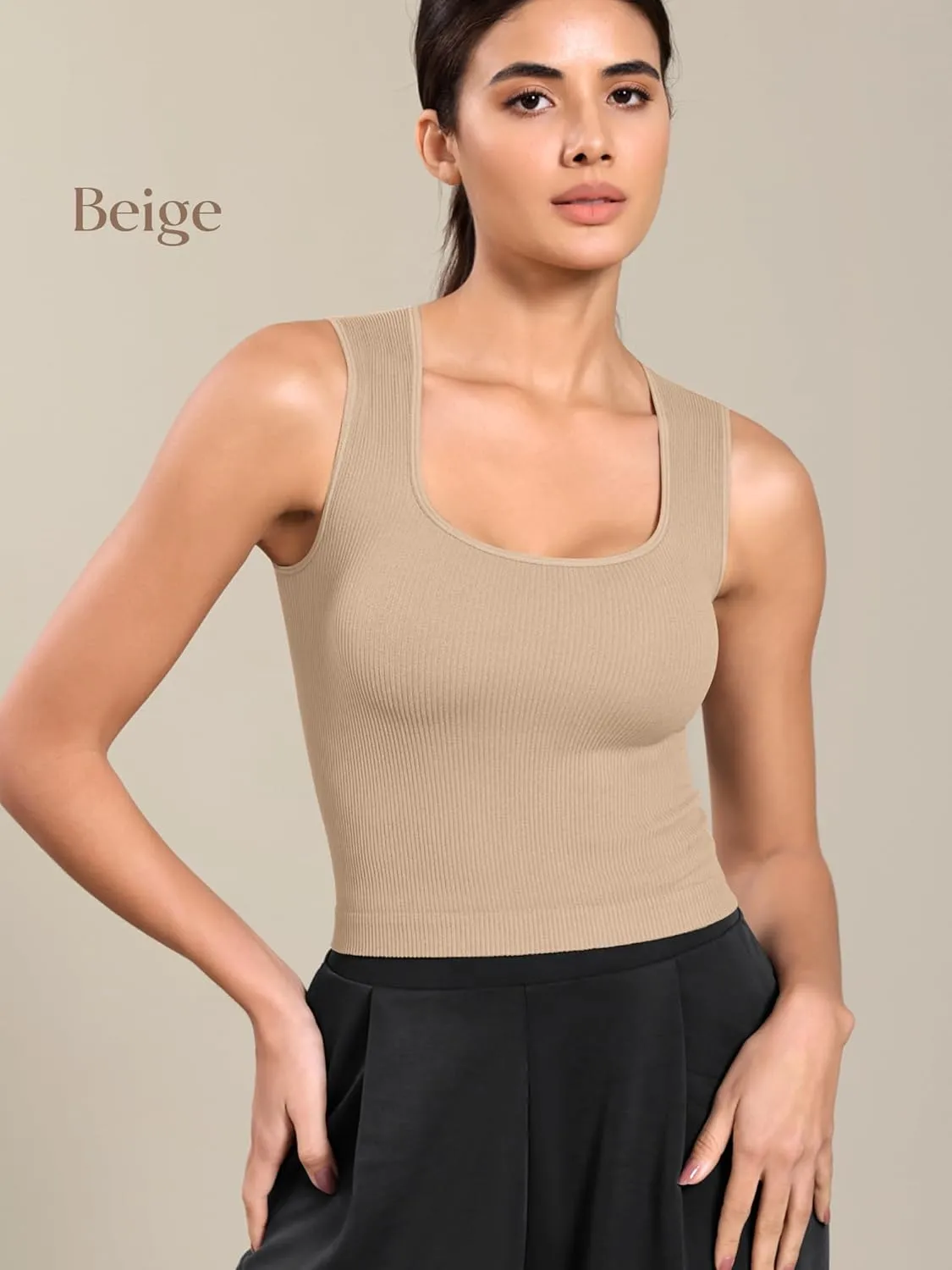 ODODOS Seamless Square Neck Tank for Women Ribbed Soft Sleeveless Longline Crop Tops