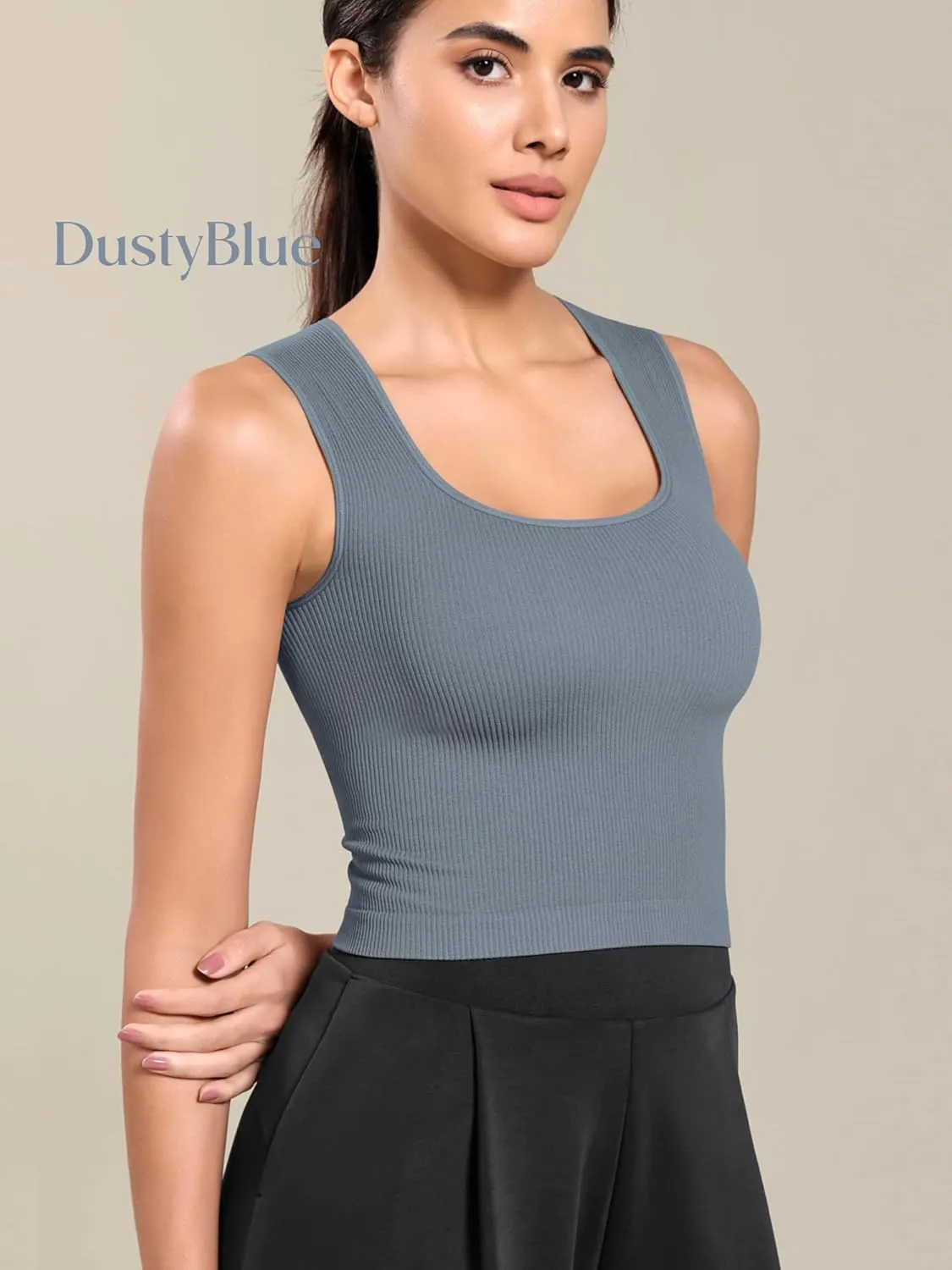 ODODOS Seamless Square Neck Tank for Women Ribbed Soft Sleeveless Longline Crop Tops