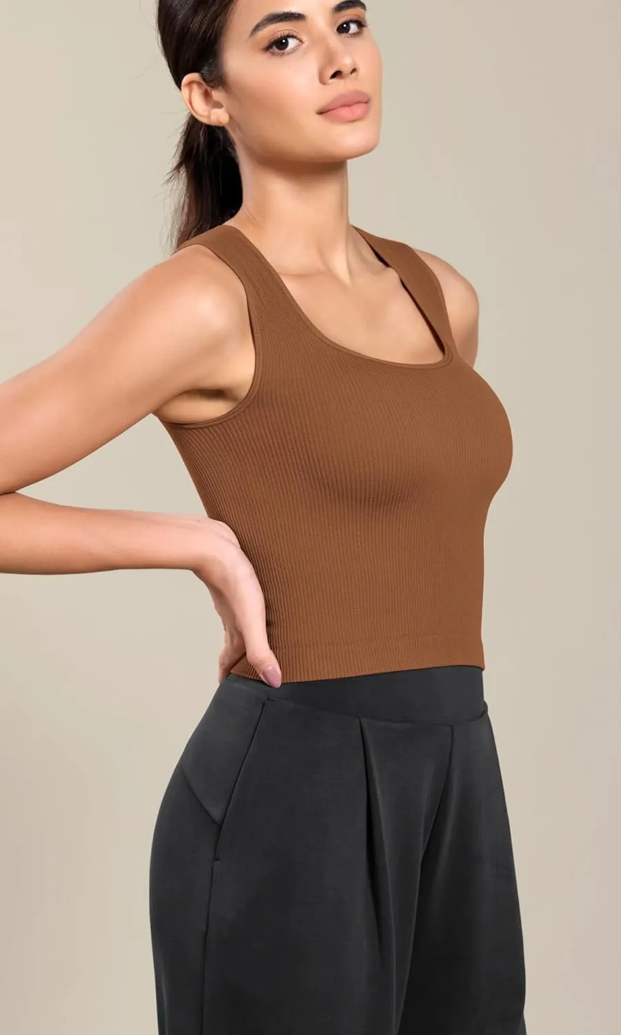 ODODOS Seamless Square Neck Tank for Women Ribbed Soft Sleeveless Longline Crop Tops