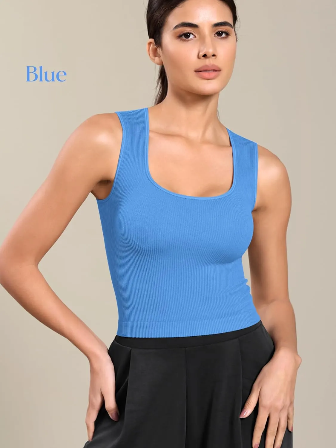ODODOS Seamless Square Neck Tank for Women Ribbed Soft Sleeveless Longline Crop Tops