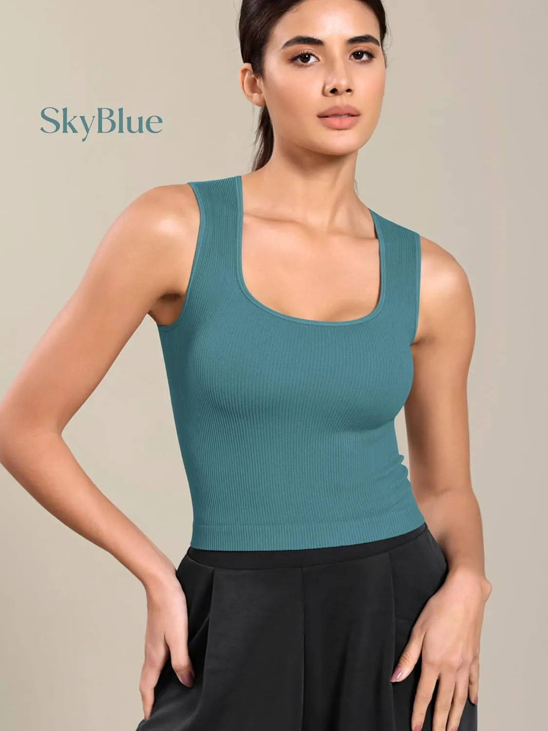 ODODOS Seamless Square Neck Tank for Women Ribbed Soft Sleeveless Longline Crop Tops