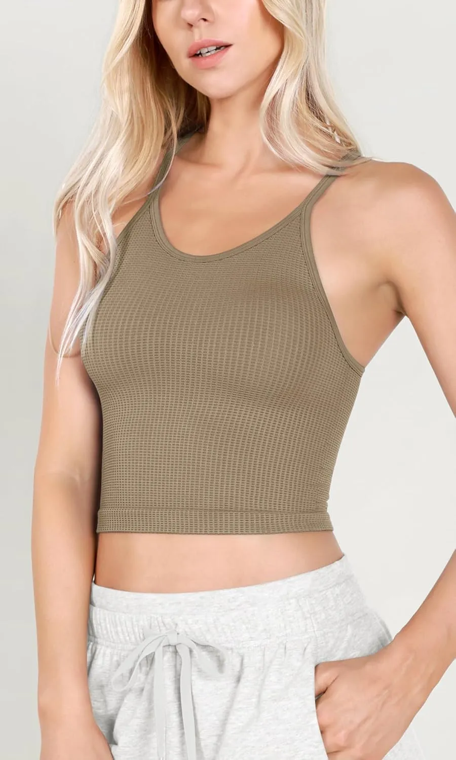 ODODOS Women's Crop 3-Pack Waffle Knit Seamless Camisole Cropped Tank Tops