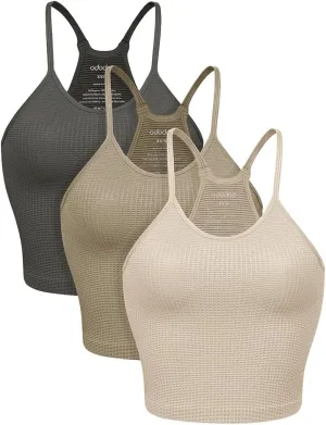 ODODOS Women's Crop 3-Pack Waffle Knit Seamless Camisole Cropped Tank Tops