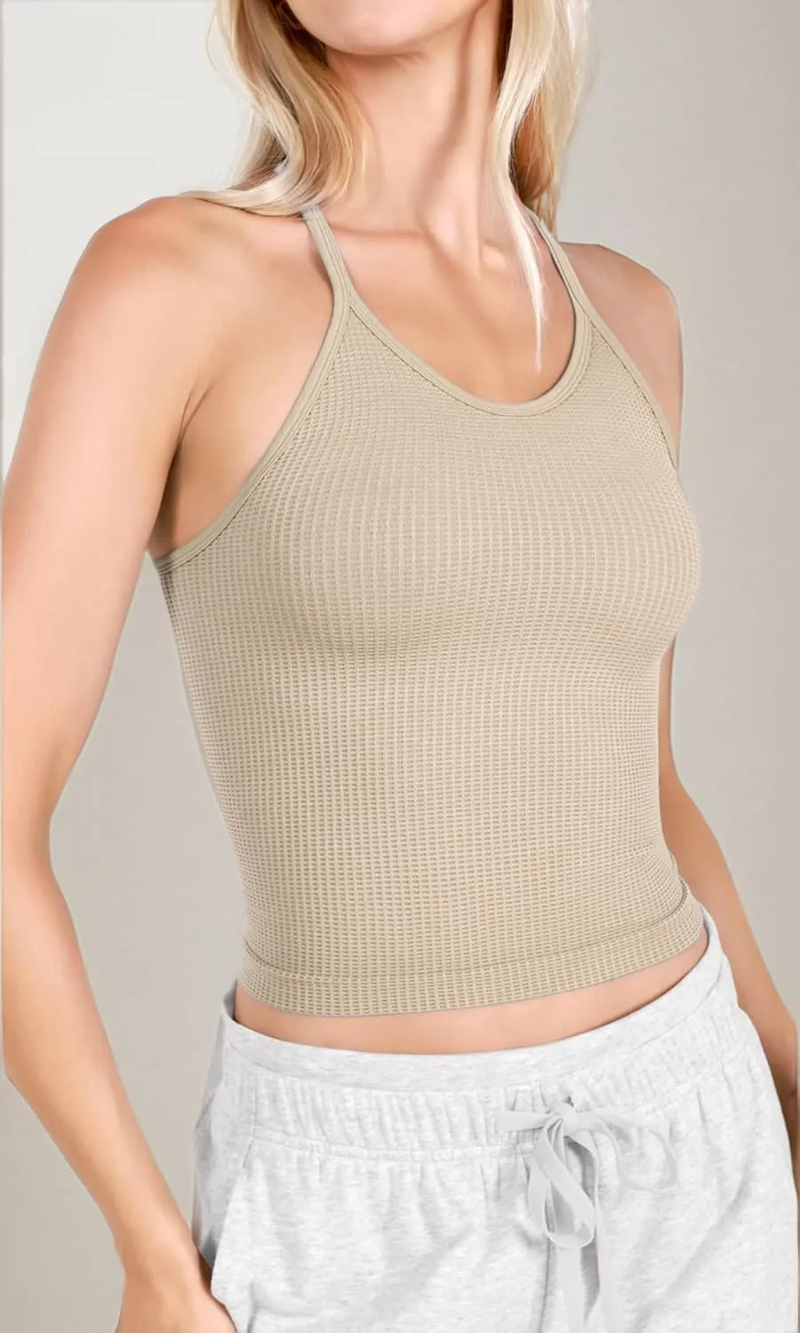 ODODOS Women's Crop 3-Pack Waffle Knit Seamless Camisole Cropped Tank Tops